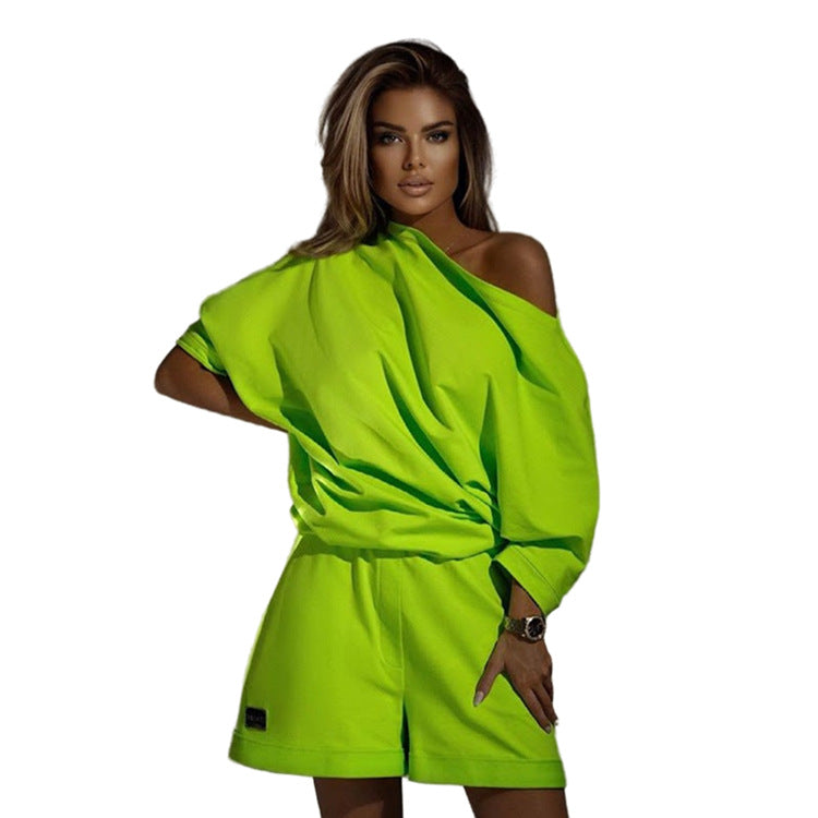 Fashionable Women's Hoodie Pants Set, One-Shoulder Wide Sleeve Loose Two-Piece Outfit